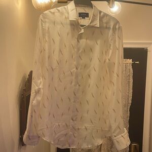 Eton Dress Shirt Men S 38 15 neck White Silk Wheat Print Slim Long Sleeve.